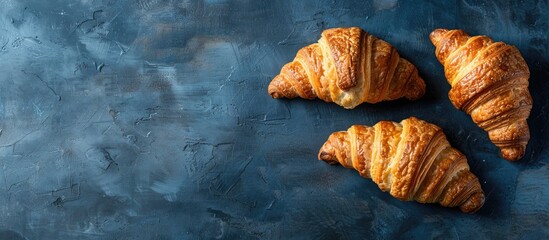 Poster - Three croissants artfully arranged on a dark blue slate background with meal captured in a top down perspective for a striking copy space image