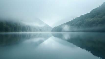 foggy mountain lake with reflection