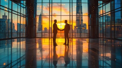 Poster - Businessmen Shaking Hands with Cityscape Background