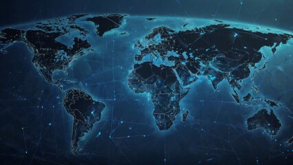Poster - Vector. Map of the planet. World map. Global social network. Future. Blue futuristic background with planet Earth. Internet and technology. Floating blue plexus geometric background.