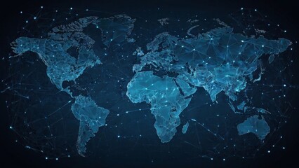 Poster - Vector. Map of the planet. World map. Global social network. Future. Blue futuristic background with planet Earth. Internet and technology. Floating blue plexus geometric background.