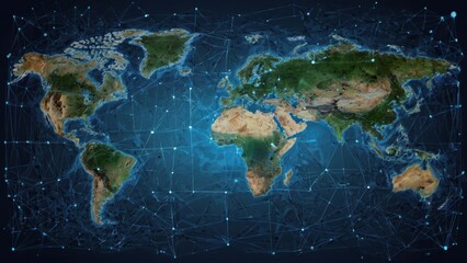 Poster - Vector. Map of the planet. World map. Global social network. Future. Blue futuristic background with planet Earth. Internet and technology. Floating blue plexus geometric background.