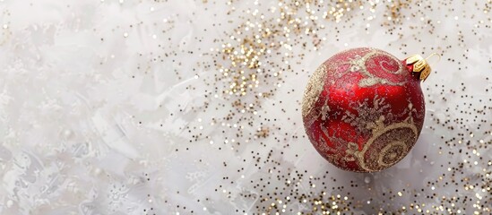 Poster - Festive banner with a fashion style red and gold New Year glitter ball ornament on a white background with a copy space image