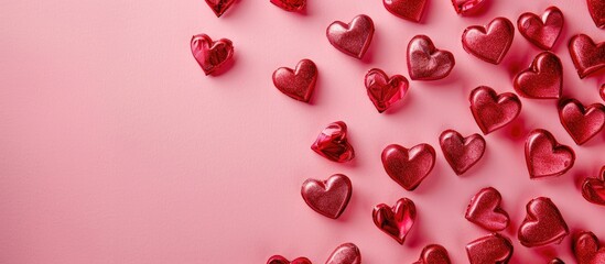 Valentine s Day concept portrayed by red heart shapes on a pink backdrop with ample copy space image