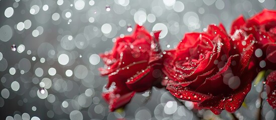 Wall Mural - Bright red roses sprayed with tiny drops of water set against a gray backdrop in a studio with white light creating a stunning copy space image