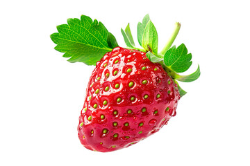 Canvas Print - A fresh and juicy strawberry with green leaves isolated on a white transparent background.