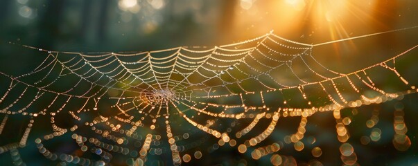 A photorealistic close-up of a spider web glistening with morning dew, each strand reflecting the world, reminding us of the intricate beauty and interconnectedness of nature.
