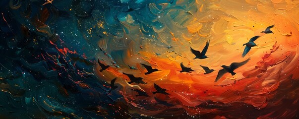 Wall Mural - Vibrant flock of birds taking flight against swirling starry night sky