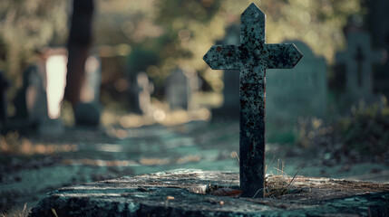 Sticker - cross in the cemetery, cruise of souls with three steps, wooden cross, spiritual environment