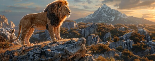 Wall Mural - A photorealistic image of a majestic lion with a flowing mane, surveying its kingdom from atop a rocky outcrop.