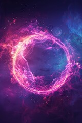 Wall Mural - A glowing neon circle surrounded by colorful smoke and light effects, set against a dark, mysterious background.