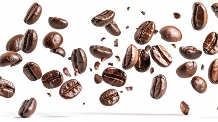 Coffee Beans in Motion: Roasted coffee beans suspended in mid-air, showcasing their rich, dark brown color and intricate details. A dynamic image perfect for coffee-related projects.