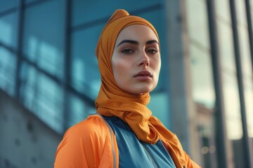 Woman Wearing Orange Headscarf Standing in Front of Blue Glass Building