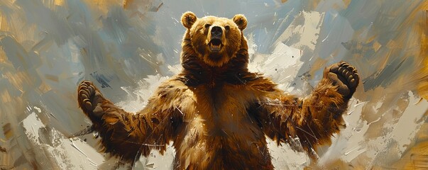 Wall Mural - A photorealistic painting of a powerful grizzly bear standing on its hind legs, its size and strength commanding respect.