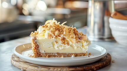 lemon cheesecake with granola on blurred background, closeup