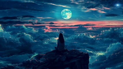 Wall Mural - Nighttime Meditations: A Woman's Pensive Moment Framed by the Awe-Inspiring Nocturnal Scenery. Seamless looping time-lapse virtual 4k video animation