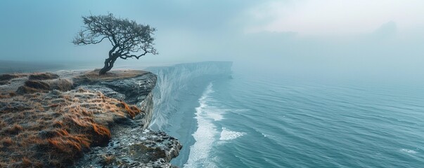 Wall Mural - A solitary tree standing tall on a windswept cliff overlooking the vast expanse of the ocean, its branches reaching towards the sky.