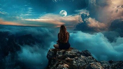 Wall Mural - Cliffside Reverie: A Moment of Quiet Contemplation Suspended Amidst the Breathtaking Nocturnal Panorama. Seamless looping time-lapse virtual 4k video animation