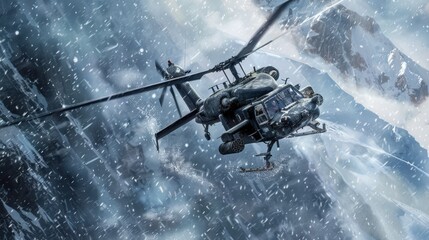 Sticker - A photorealistic painting of an Attack Helicopters AH-64 Apache performing a daring mountain rescue mission The helicopter hovers precariously near a cliff edge