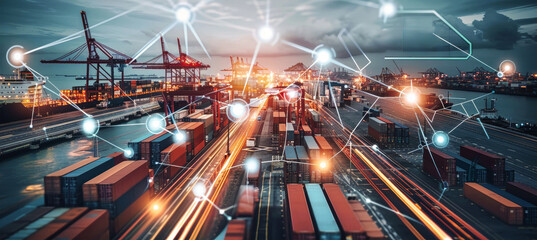 Wall Mural - A cargo ship is docked at a busy port, surrounded by containers and cranes. Glowing lines overlay the image, symbolizing global trade connections