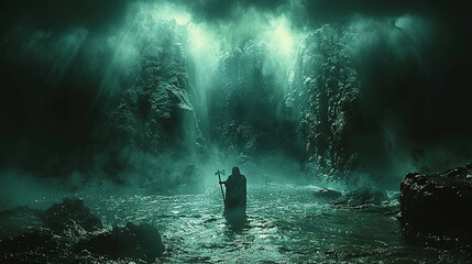 Wall Mural - A man is in a river surrounded by rocks and water