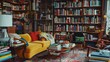© Sana - An eclectic home library with a mix of vintage and modern furniture, colorful books, and quirky decor pieces, creating a visually stimulating environment.