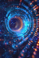 Poster - A digital vortex with swirling glitches, fragments of code and data spiraling towards its corrupted center