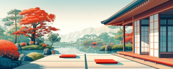 Wall Mural - A stylized illustration of a traditional Japanese teahouse with tatami mats, shoji screens, and a serene garden.