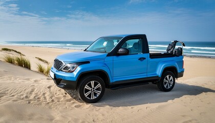 Wall Mural - Hybrid Adventure: Blue Jeep Wrangler 4XE Willys Parked on the Sandy Shore