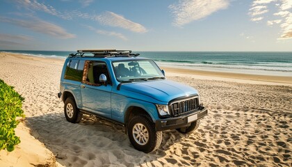 Wall Mural - Hybrid Adventure: Blue Jeep Wrangler 4XE Willys Parked on the Sandy Shore