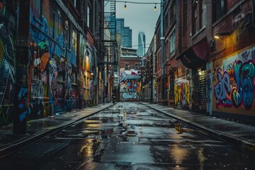Naklejka na meble A Rainy Evening in a Graffiti-Covered City Alley