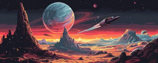 Wall Mural - A pixel art illustration of a spaceship exploring a distant planet.