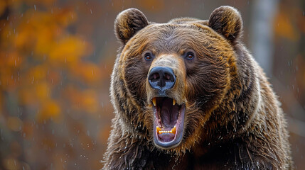 Wall Mural - A bear is standing in the rain with its mouth open, showing its teeth