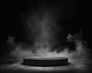 Abstract dark podium on smoky black background, dramatic empty stage for product display