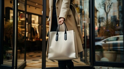 A woman leaving a boutique store with a single elegant shopping bag highlighting a thoughtful and curated purchase. 