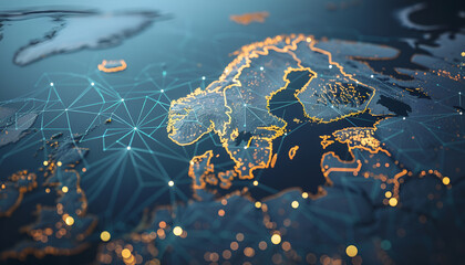 abstract digital map of scandinavia with glowing connections global network concept