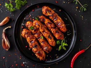 Wall Mural - grilled chicken skewers with spices and herbs on black plate.
