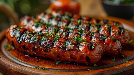 Wall Mural - grilled sausages on a wooden plate.