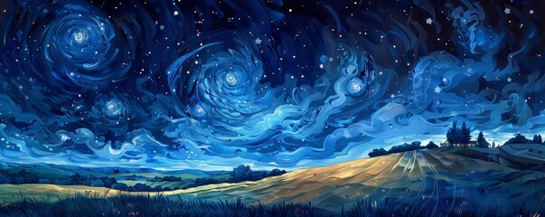 Wall Mural - Starry night sky over rolling countryside with swirling brushstrokes