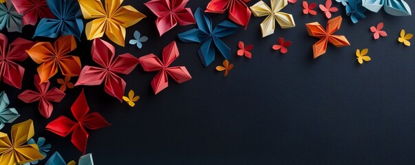 Sticker - Paper origami flowers on a black background with lots of empty space Generative Ai