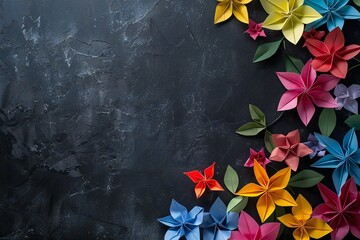 Sticker - Paper origami flowers on a black background with lots of empty space Generative Ai