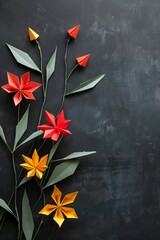 Canvas Print - Paper origami flowers on a black background with lots of empty space Generative Ai