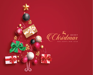 Wall Mural - Christmas tree greetings vector design. Merry christmas and happy new year text in xmas tree shape with bauble balls, gift boxes, ginger bread, candy cane and gold star in elegant red background. 