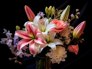 Wall Mural - Bouquet of pink and white lilies on a black background