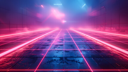 Poster - Cyan blue and purple grids neon glow light lines design on perspective floor, creativity, digital	