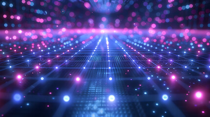 Poster - Cyan blue and purple grids neon glow light lines design on perspective floor, creativity, digital	