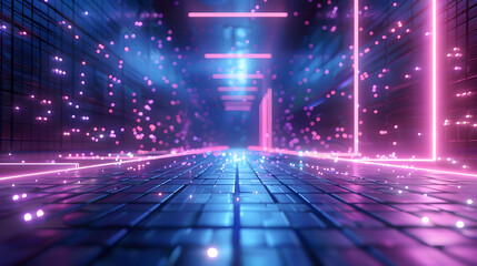 Poster - Cyan blue and purple grids neon glow light lines design on perspective floor, creativity, digital	