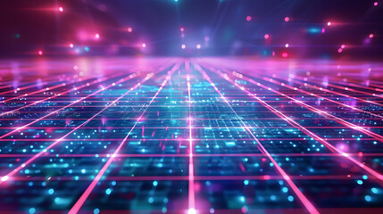 Poster - Cyan blue and purple grids neon glow light lines design on perspective floor, creativity, digital	
