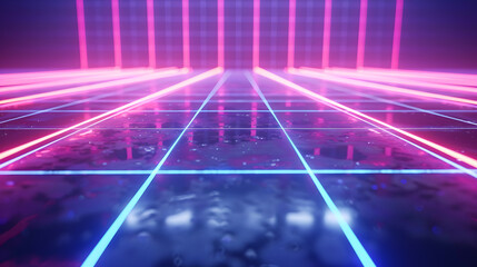 Poster - Cyan blue and purple grids neon glow light lines design on perspective floor, creativity, digital	