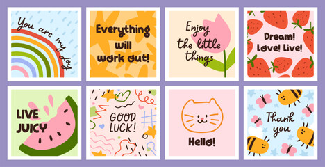 Poster - Cute doodle post card designs set. Funny colorful creative framed postcards in kids funky modern style, phrases and quotes. Trendy childish flat vector illustrations with rainbow, cat, flower